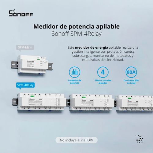 MEDIDOR ENERGÍA APILABLE SONOFF PROTECCIÓN SOBREVOLTAJE 80A SMP-4RELAY