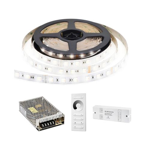 KIT DE CINTA LED 14.4W/M LUZ NEUTRA IP33 + FUENTE PODER 120W 12V + CONTROL RF + RECEPTOR RF