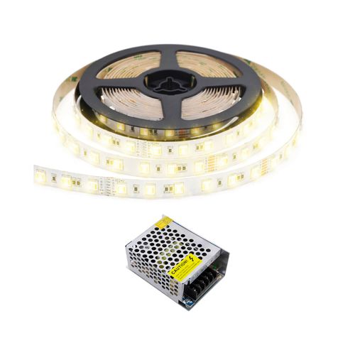 KIT DE CINTA LED 4.8W/M LUZ CÁLIDA IP33 5 METROS + FUENTE PODER 36W 12V