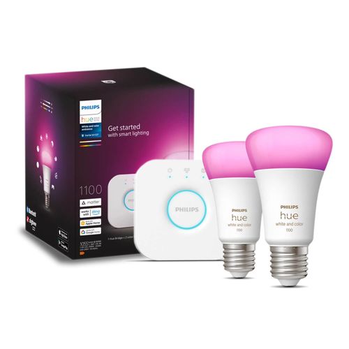 KIT 2 AMPOLLETAS INTELIGENTES E27 PHILIPS HUE 9W RGB Y LUZ CÁLIDA A LUZ FRÍA + BRIGDE