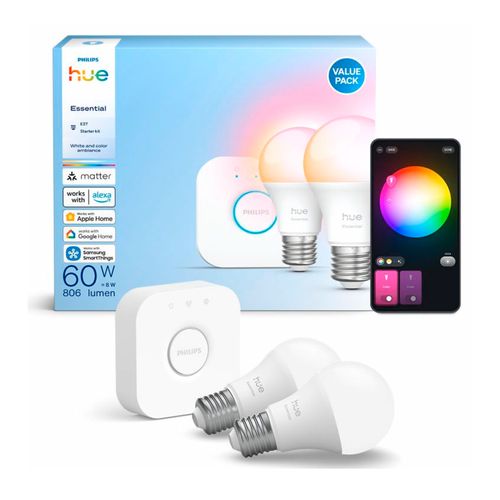 KIT 2 AMPOLLETAS E27 PHILIPS HUE ESSENTIAL A60 8W LUZ CÁLIDA A LUZ FRÍA Y RGB + BRIDGE